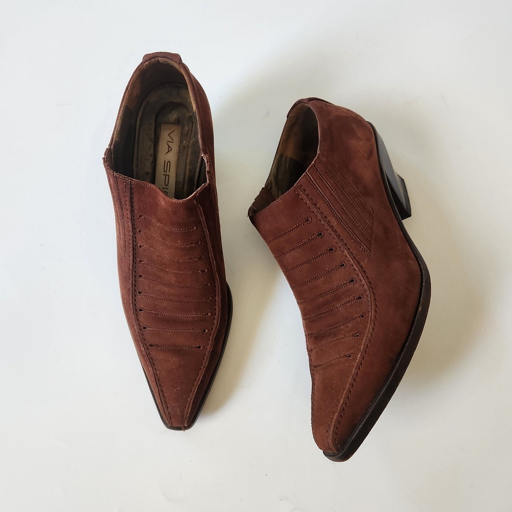 Vintage Via Spiga Suede Block Heel Ankle Booties 8 Brown 90s Y2K Boho Western
